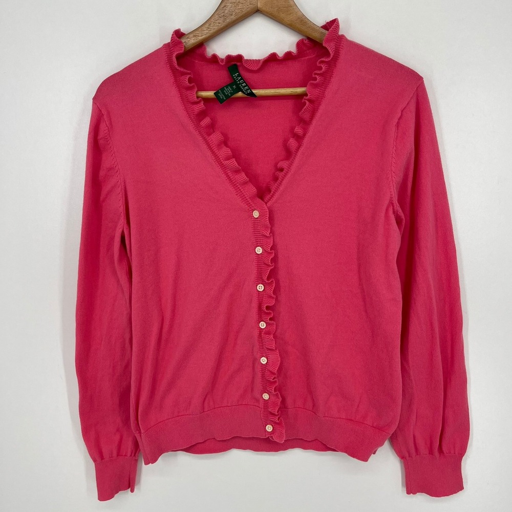 Lauren Ralph Lauren Pink Ruffle V-Neck Cotton Cardigan Sweater XL